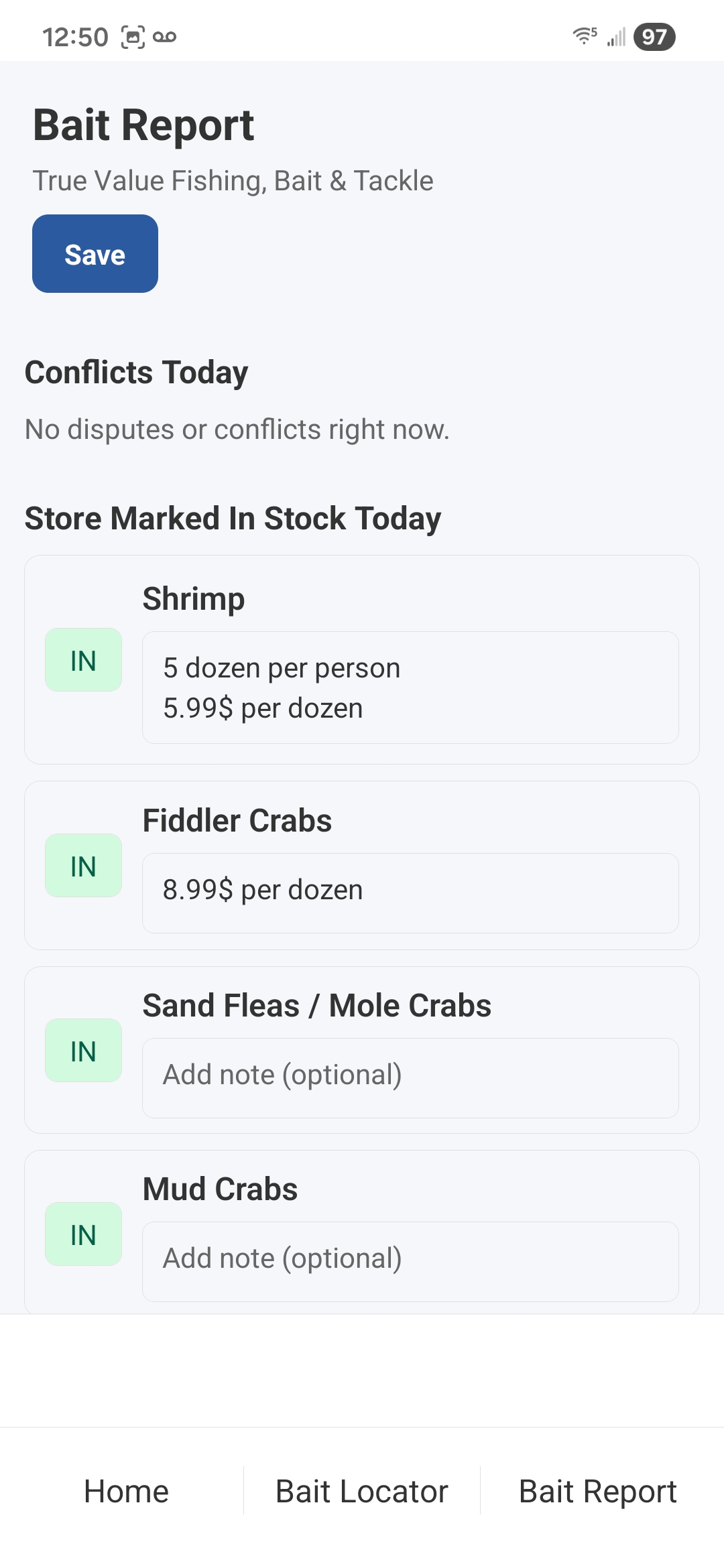 Tackle bait report with note added