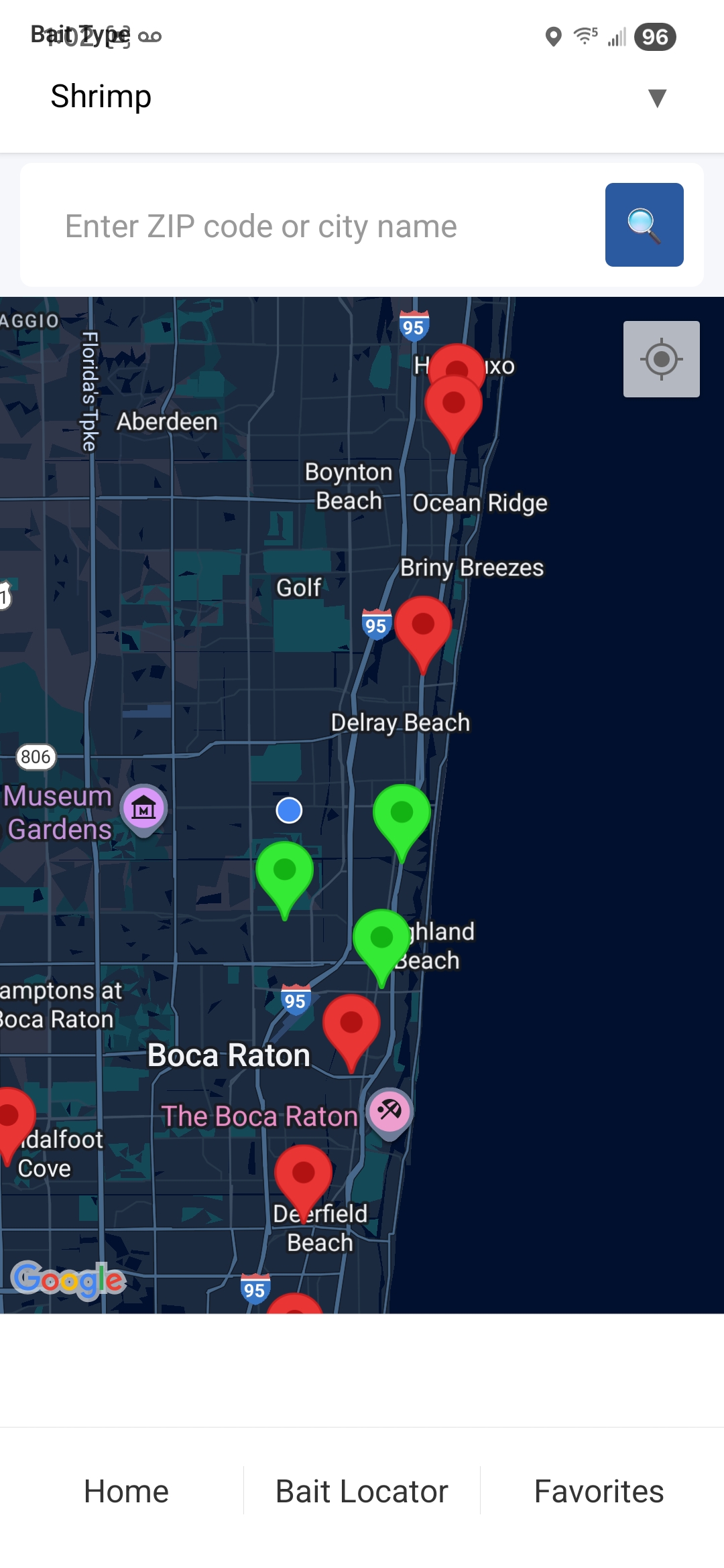 Bait Locator map showing tackle shops